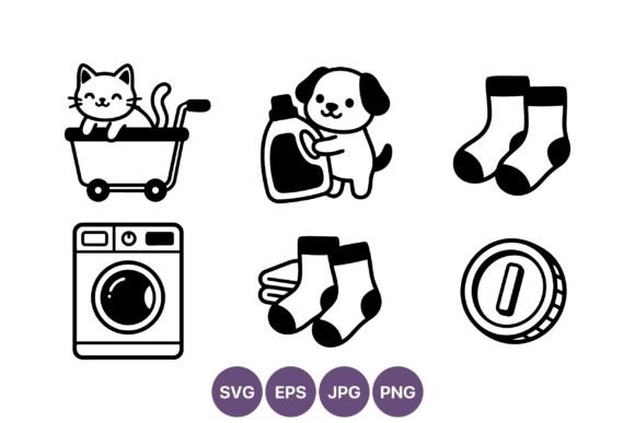 Black Line Cat Dog Laundry Icon Set