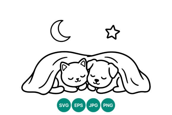 Cat and Dog Sleeping Line Art
