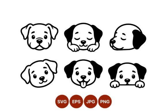 Cute Black White Dog Faces Cartoon