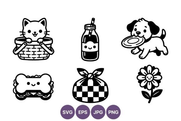 Cute Cat Basket Dog Frisbee Line Art