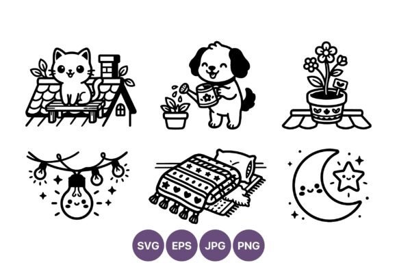 Cute Cat Dog Moon Line Art Vector Set
