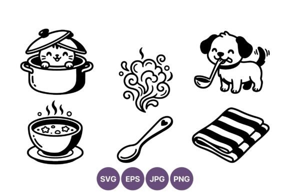 Cute Cat Pot Dog Ladle Spoon Line Art