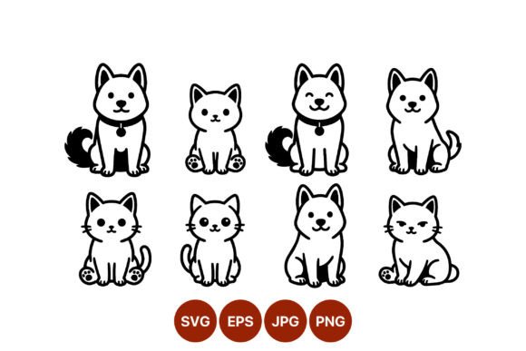 Cute Dog and Cat Line Art Set