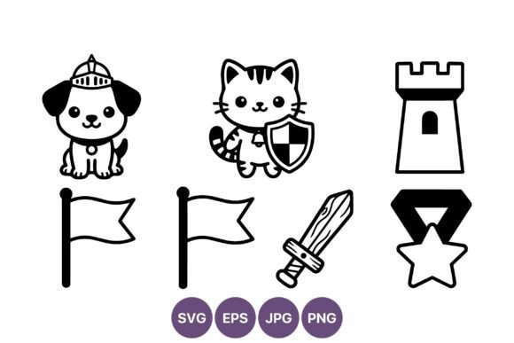 Cute Dog Cat Knights Flag Sword Star