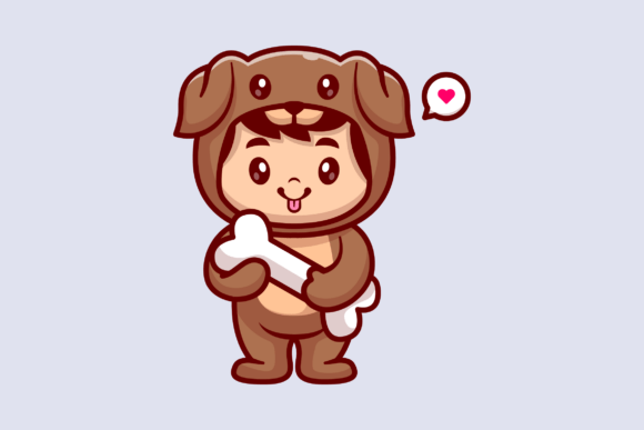 Cute Kid Wearing Dog Costume with Bone