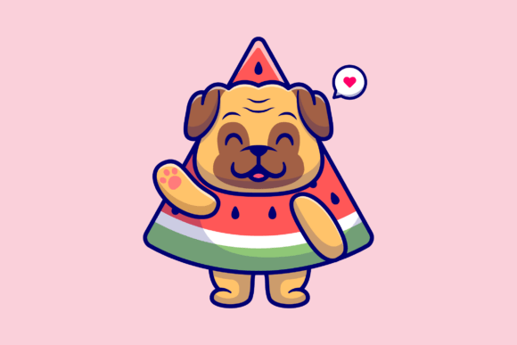 Cute Pug Dog Watermelon Cartoon
