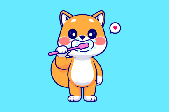 Cute Shiba Inu Dog Brushing Teeth