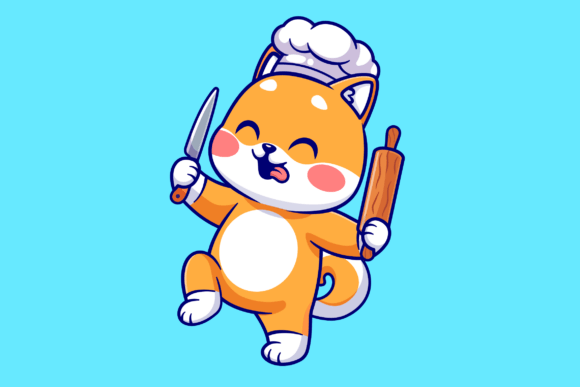 Cute Shiba Inu Dog Chef Holding Knife