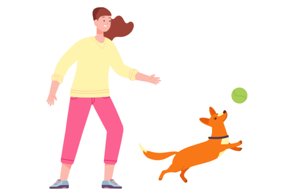 Dog Ball Game. Young Woman Play with Pet
