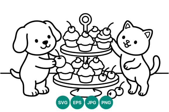 Dog Cat Cupcake Line Art