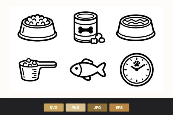 Dog Food Bowls Fish and Clock Line Art