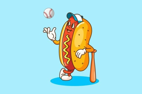 Hot Dog Character Playing Baseball