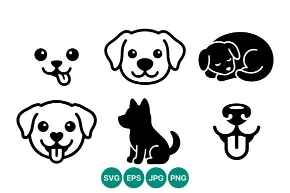 Vector Line Art Set of Dog Faces and Cat